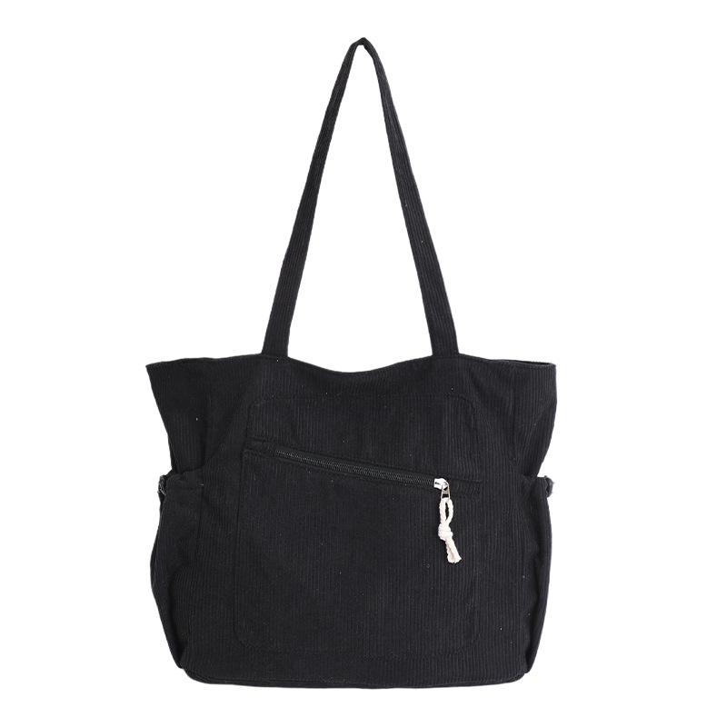 Solid color corduroy bag women's large capacity commuter tote bag with zipper lazy style simple velvet shoulder bag