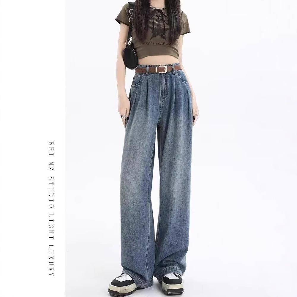 Plus Size Women's High Waist Wide Leg Drape Jeans - Autumn Retro Casual Pants