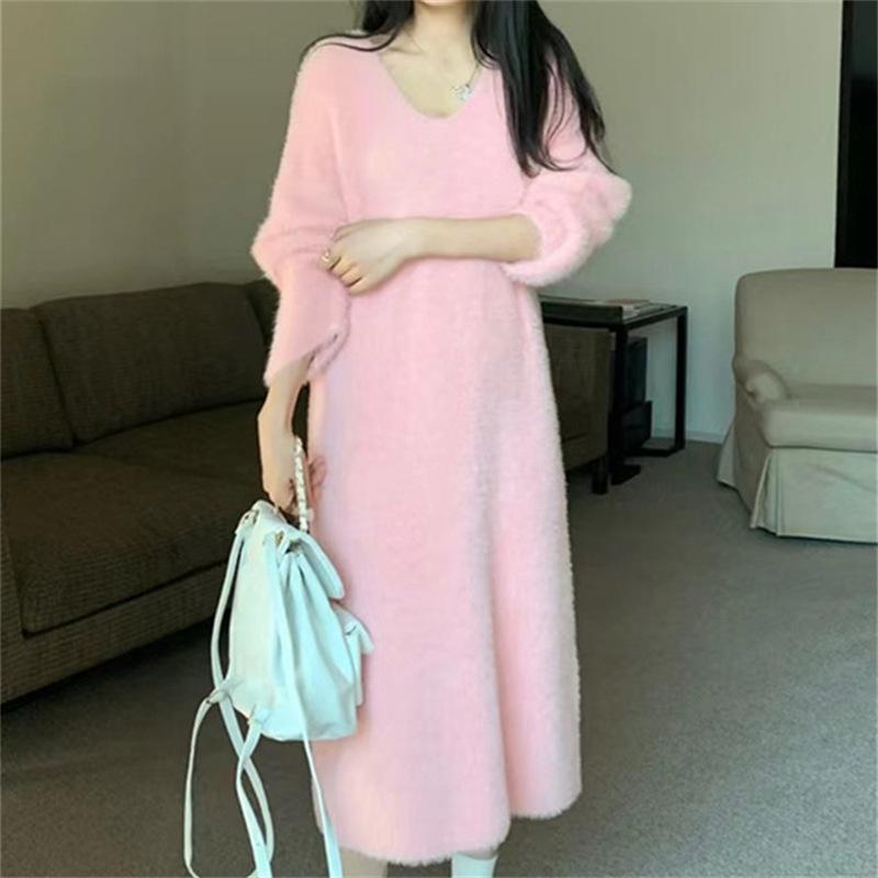 Medium and long mink fleece sweater dress for women's autumn and winter new loose and lazy pullover knitted bottoming skirt