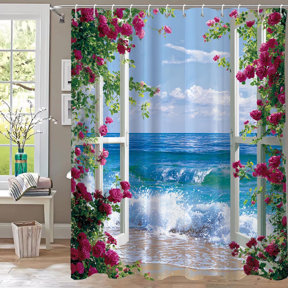 Seaside Beach Flower Scenery Print Waterproof Shower Curtain Partition Privacy Hanging Curtain With 12 Hooks Machine Washable