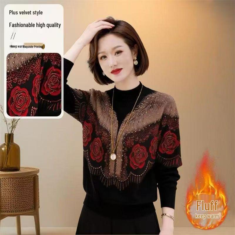 Plush Jacquard Rhinestone Top: Stylish, Slimming Autumn/Winter Layer