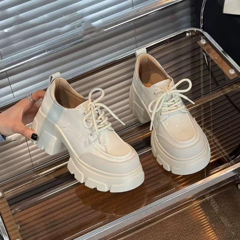 Fashion Women's Round Toe High Heel Thick Bottom Leather Shoes Retro British Style For Students Spring Autumn Skirt Matching Flats