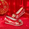 Women's Red Embroidered Wedding Shoes Increased Internal Wedges Shallow Ankle Strap String Bead Tassel Ethnic Style Hanfu Shoes