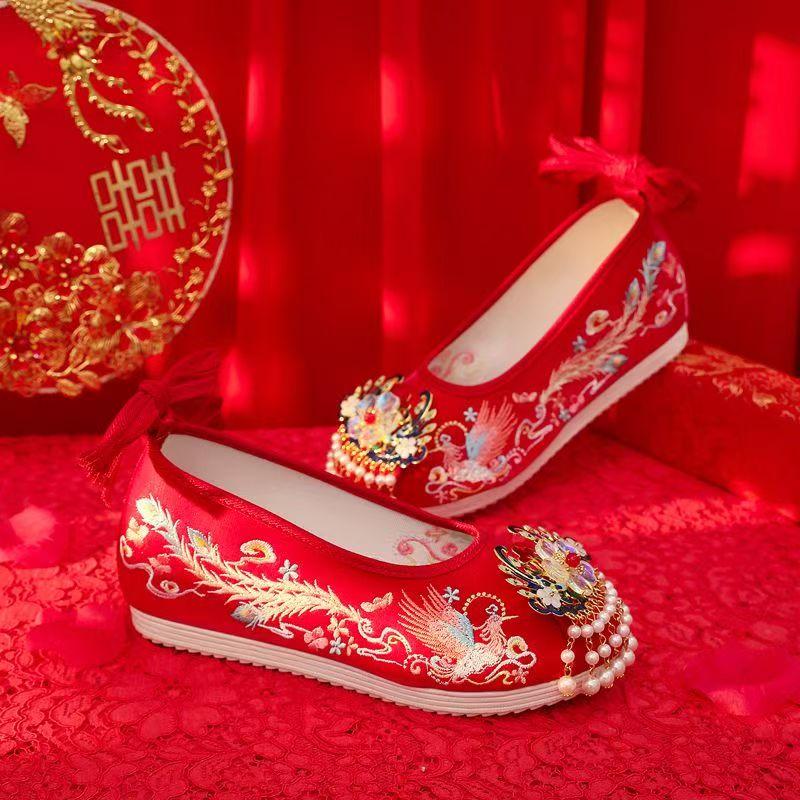 Women's Red Embroidered Wedding Shoes Increased Internal Wedges Shallow Ankle Strap String Bead Tassel Ethnic Style Hanfu Shoes