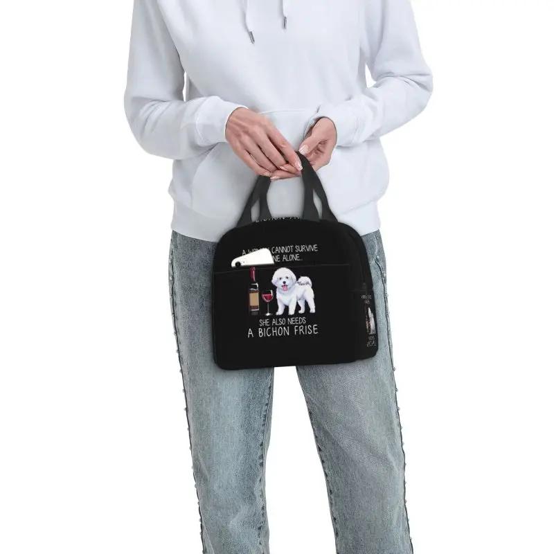 Bichon Frise And Wine Funny Dog Portable Lunch Box Waterproof Pet Puppy Thermal Cooler Food Insulated Lunch Bag Office Work