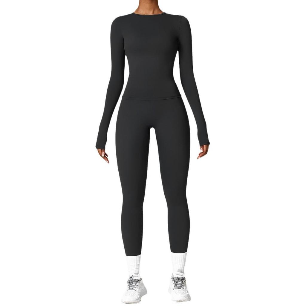 Damen Herbst/Winter Gebürstetes Langarm Yoga Set mit Elastischen Tights