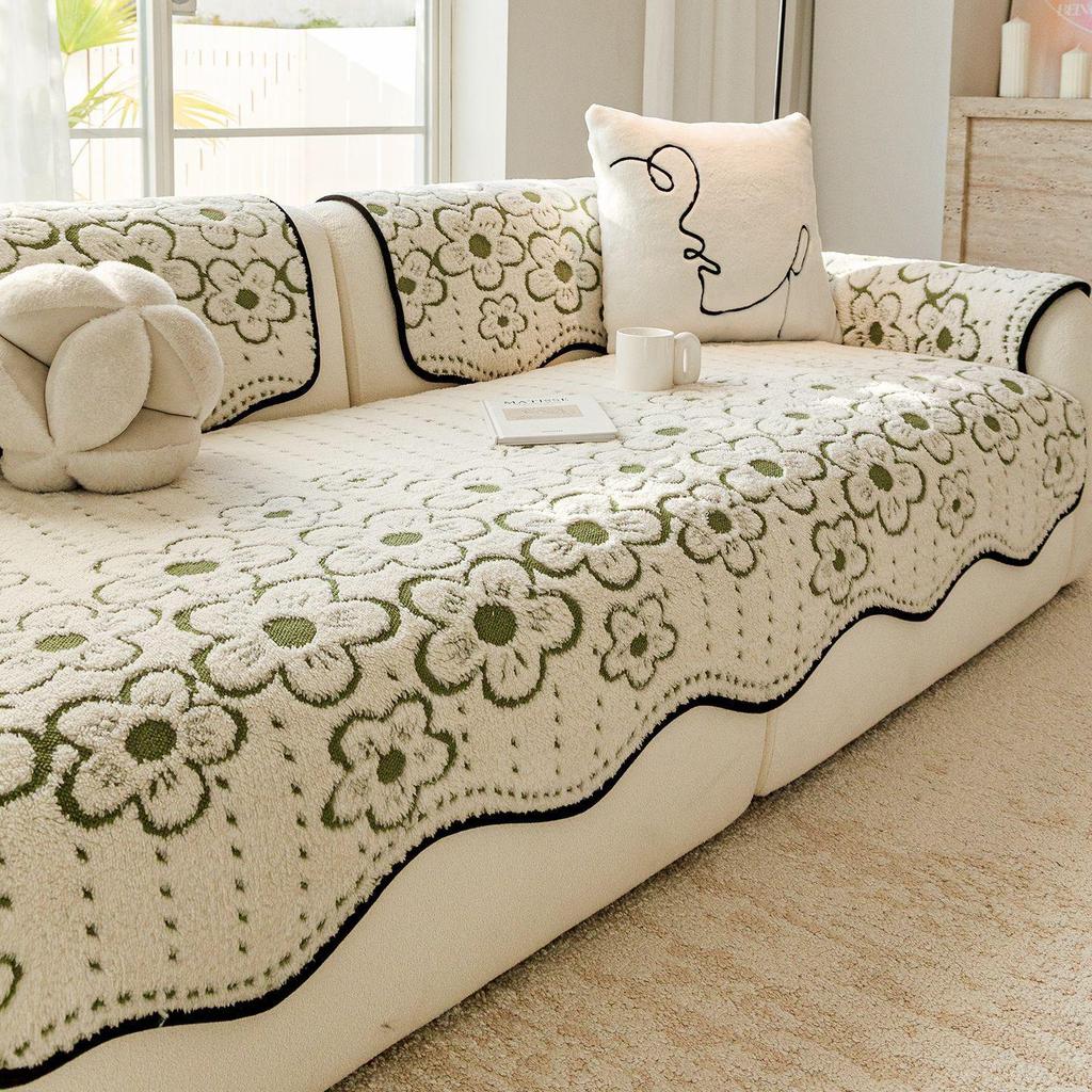 Shu Cotton Velvet Floral Jacquard Non-Slip Sofa Cushion, Thick Cream Style Cover for Autumn/Winter 2025