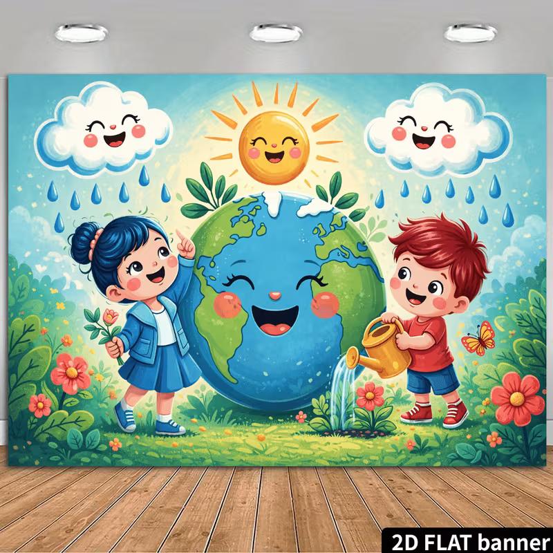 

2D Flat Printing Earth Day Backdrop, Kids & Happy Earth Party Background 47.2x31.5inch/120*80cm