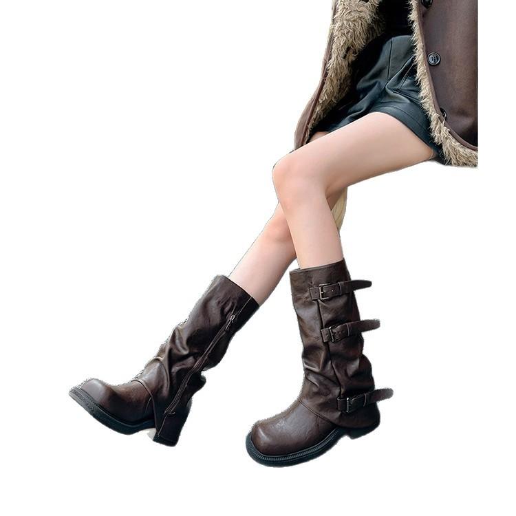 Leather version! Maillard mid-tube Martin boots women's retro British inner height-increasing thick heel pleated stacked pants tube short boots