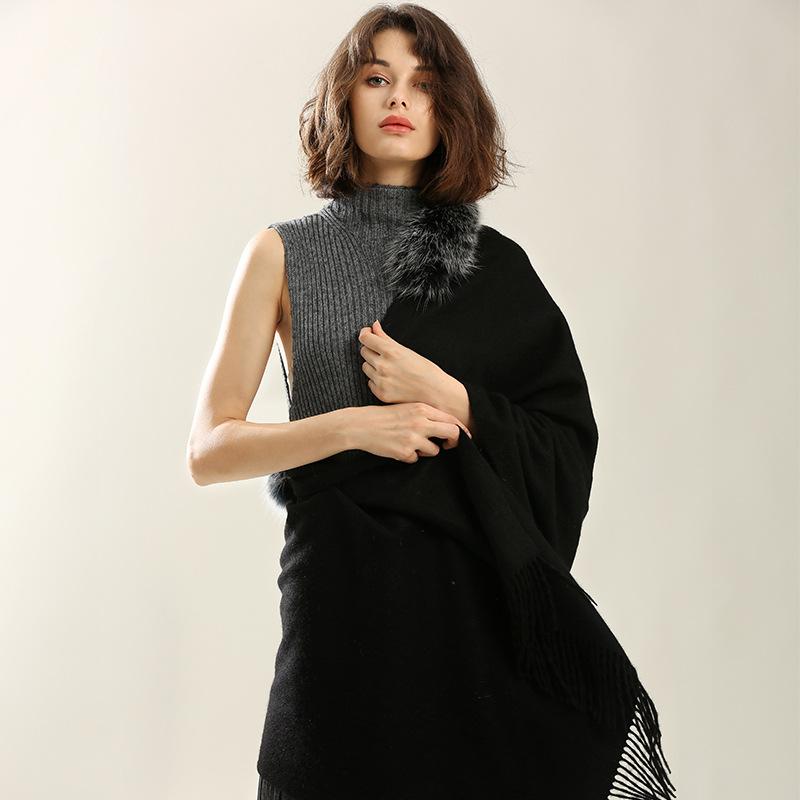 Autumn and winter new warm light luxury cashmere shawl fox fur collar tassel fashion