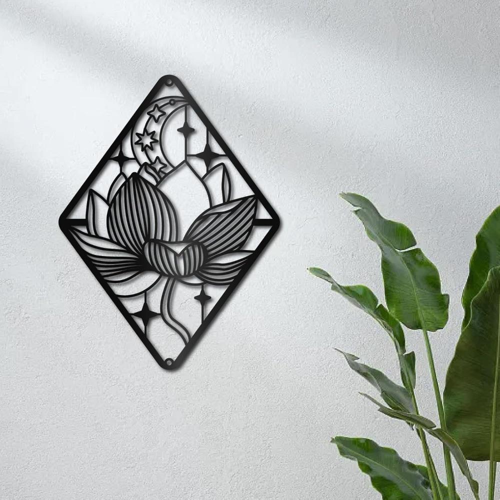 Schwarze Metall Lotus Wandkunst Hohlblumen Skulptur Mond Mandala Schild Hängende Dekoration Für Meditation Schlafzimmer Garten Hotel 11,8x8,8 Zoll