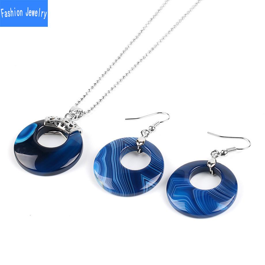 Damen Naturstein Hohl Konzentrisch Rund Set Blume Grün Weiß Kristall Tigerauge Stein Ohrring Halskette Set