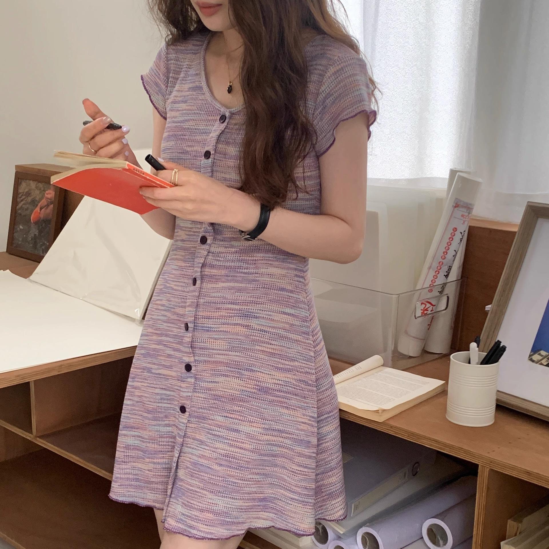 

Spice girl style low round neck short sleeve foreign style small slim fit hip skirt A word color striped knitted dress women One size fits all фіолетовий