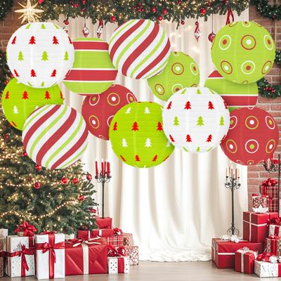 Rote und grüne Papierlaterne 12 Zoll Weihnachts-Hänge-Rundlaterne für Innen- und Außenbereich, Feiertags-Deckendekoration