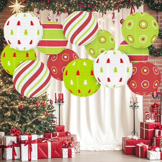 Lanterna di Carta Rossa e Verde 12 Pollici Natale Appesa Lanterna Rotonda per Decorazioni da Soffitto per Feste Interno Esterno