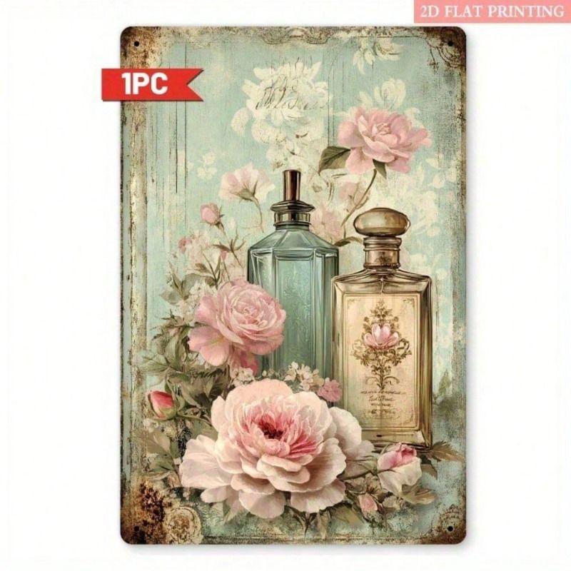 Vintage Metal Wall Sign 20x30cm Rose Perfume Bottle Decor