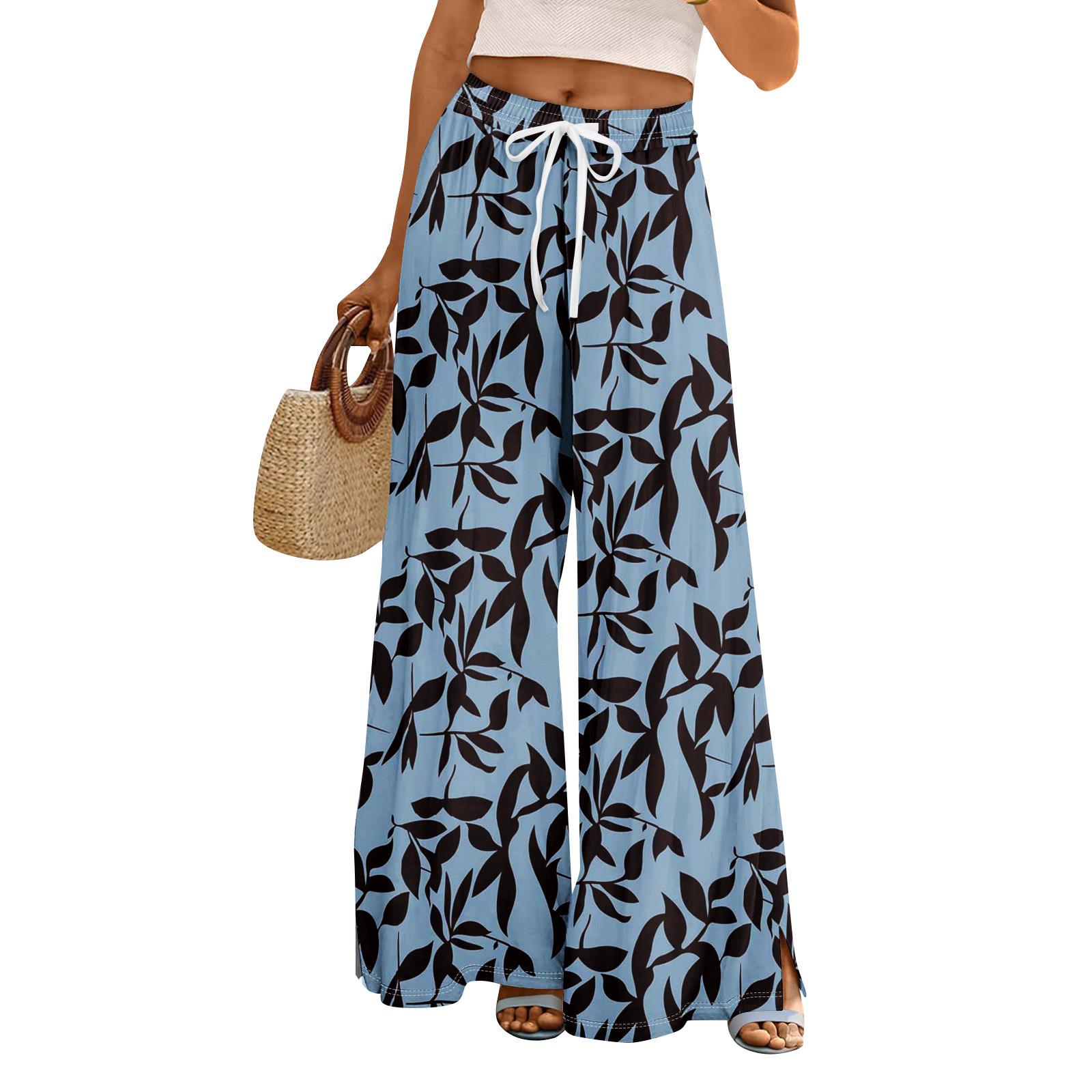 

Женские летние брюки-палаццо в стиле бохо с высокой талией, широкие повседневные брюки с цветочным принтом и карманами XXL темно-синий