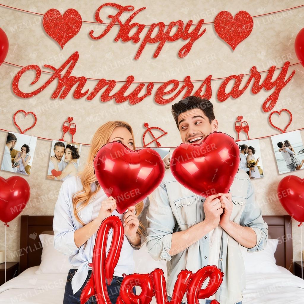 Anniversary Decoration Happy Anniversary Banner and Red Heart Balloon, Valentine's Day Banner, Used for Anniversary Decoration