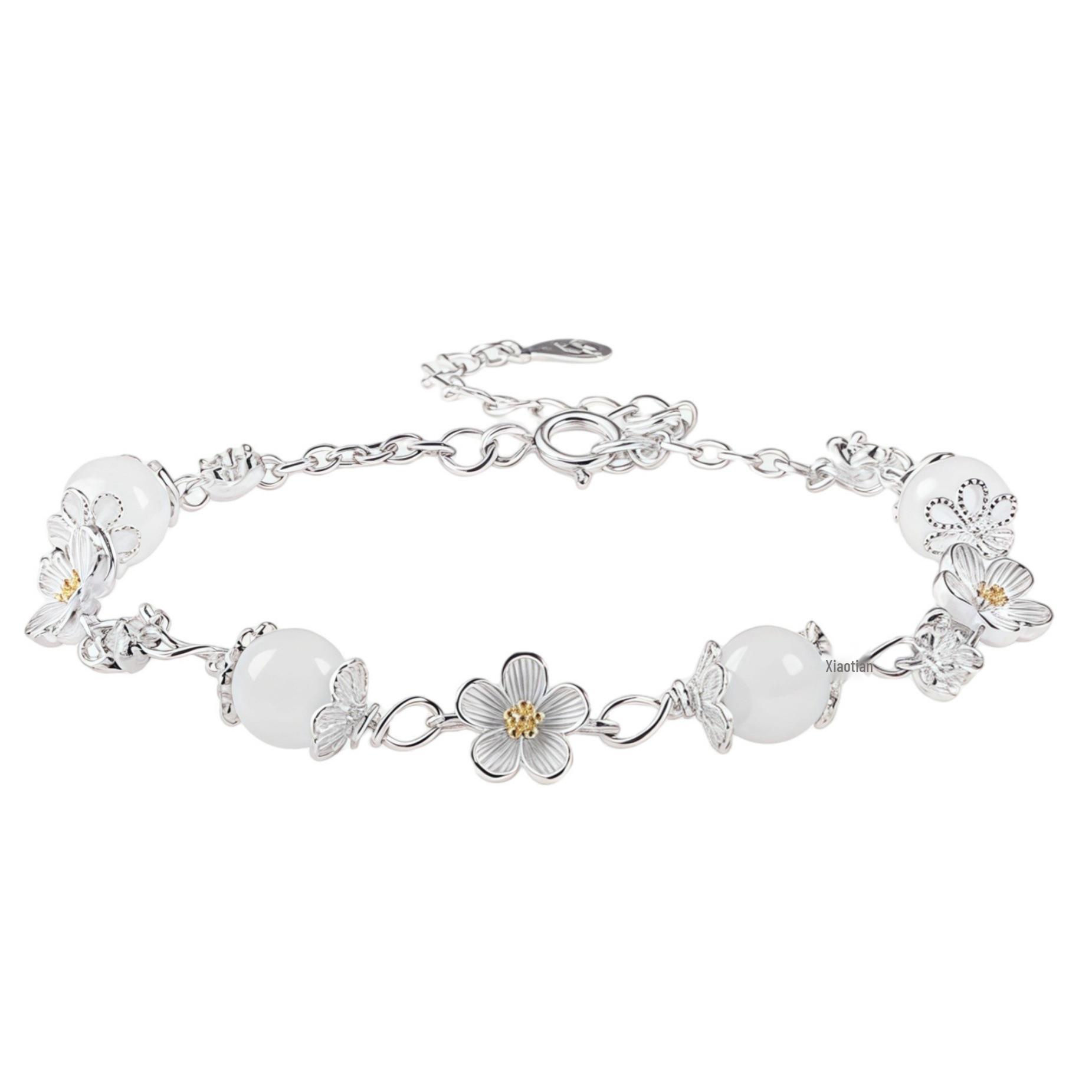 Sterling Silver Moli Jasmine Hetian Jade Bracelet - Exquisite High-End Jewelry Gift for Girls Sterling Silver