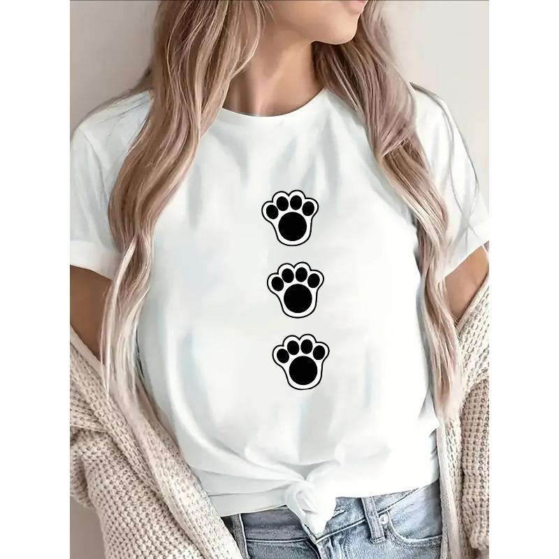 Polyester Short Sleeve T-Shirt with Paw Print Design, Perfect for Casual Wear At Home or Outdoors, Comfortable Fit for Everyday Use