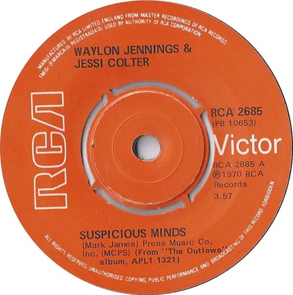 

7inch Record WAYLON JENNINGS JESSI COLTER Suspicious Minds RCA2685 RCA Victor 1976 UK CountryFolk Used