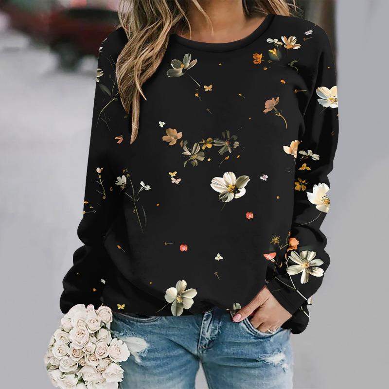 Fashionable round neck long sleeved printed elegant casual loose T-shirt