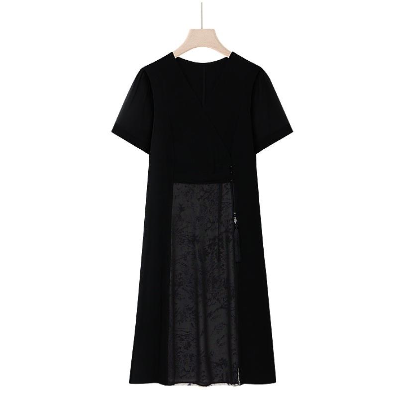 Mother's Plus Size Elegant V-Neck Two-Piece Style Summer Dress - Tummy Concealing, Stylish, Thin, Chinese-Inspired Design
