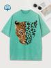 Washed Cotton T-shirt Women's Leopard Tiger Cartoon Print Short Sleeve T Shirt Graphic Tee Round Neck Top Casual Vintage
