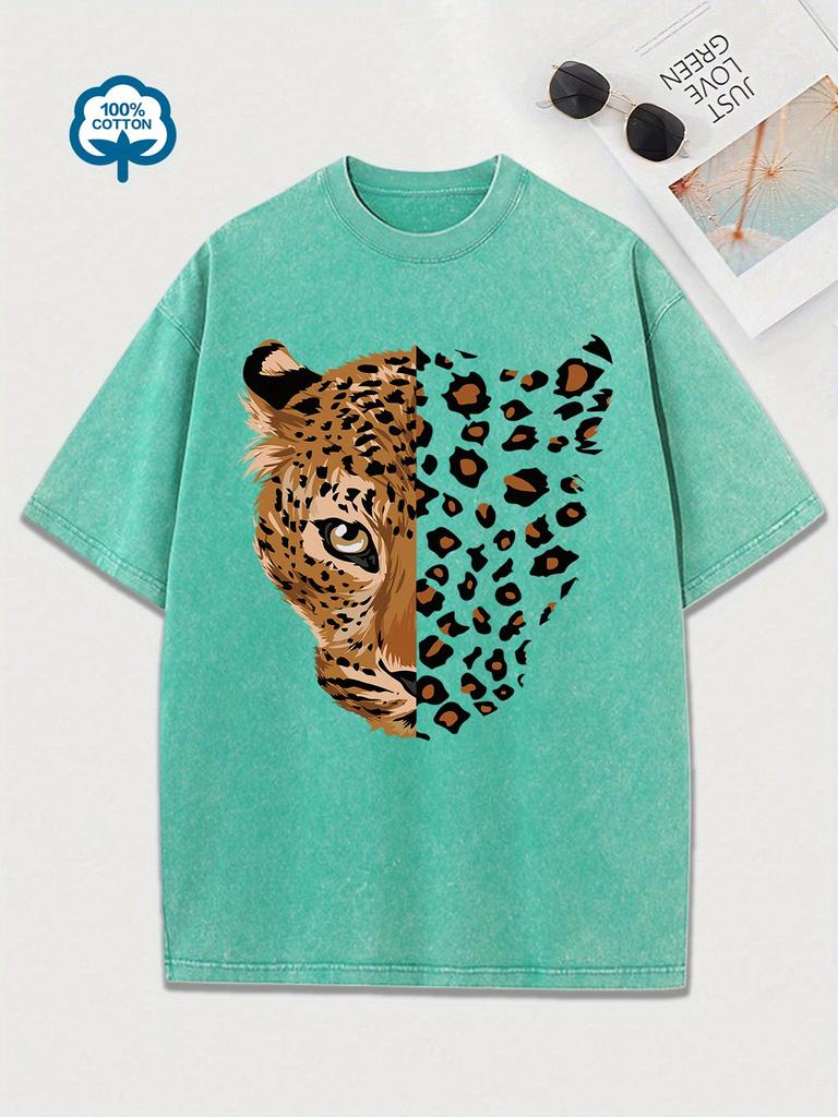 Washed Cotton T-shirt Women's Leopard Tiger Cartoon Print Short Sleeve T Shirt Graphic Tee Round Neck Top Casual Vintage