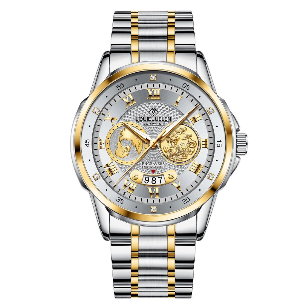 Luxury Gold Engraved Watch for Men Stainless Steel Waterproof Business Quartz Wristwatch with Date, Ideal Gift for Father's Day & Anniversaries
