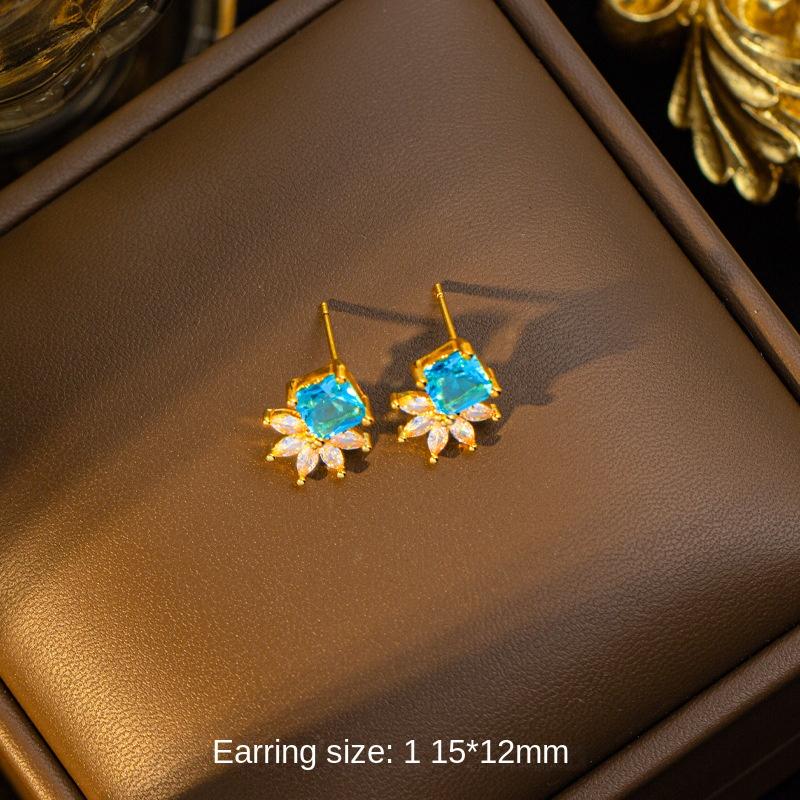 Japanese Korean New Stainless Steel Gold Plated Zircon Necklace Earrings Ring Set High-end Fashion Woolen Chain Women's Jewelry
