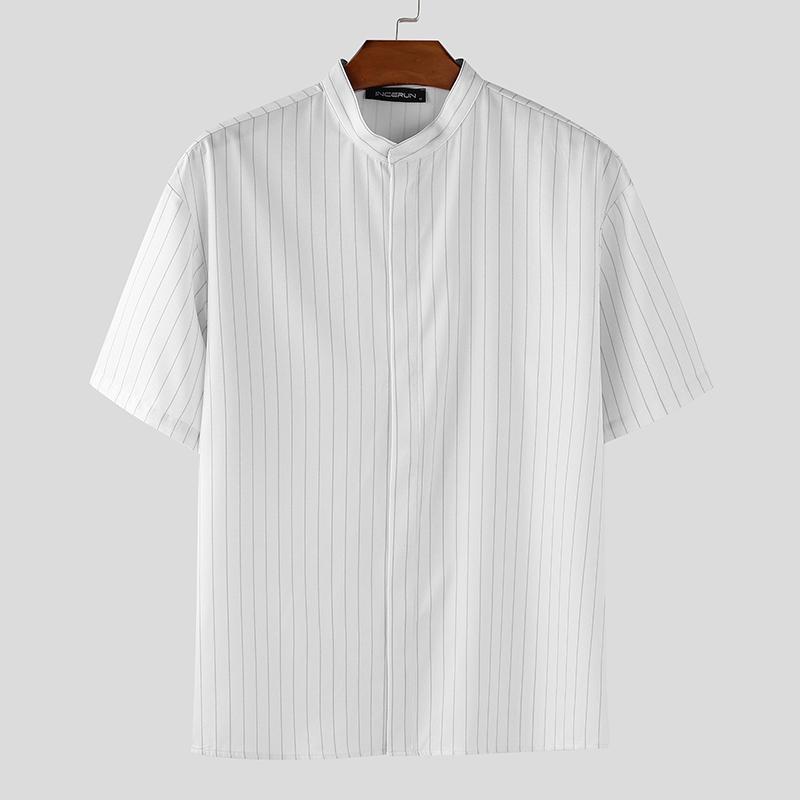 INCERUN Men Collarless Short Sleeve Striped Print Casual Office Shirts Tops