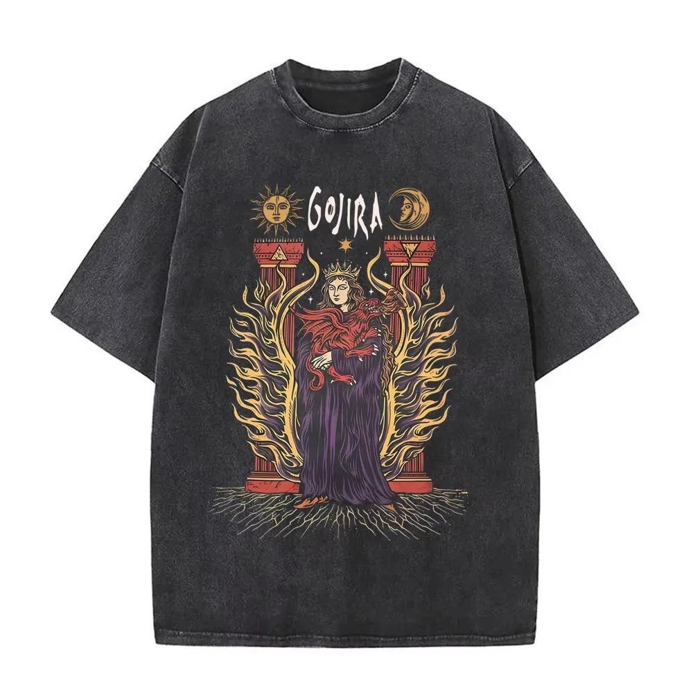Gojira Drzewo Życia Vintage Acid Wash Dwustronny Graficzny Czarny T-shirt Oversize | Fan Zespołu Progressive Metal Streetwear Merch Koszulka