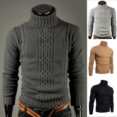 Men Slim Sweater Ribbed Cuffs Leisure High-necked Solid Color Warm Knitted Tops Daily Wear