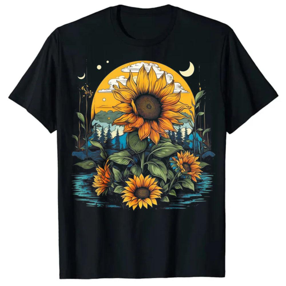 Sunflower Moon Lake Forest Graphic T Shirt Cottagecore Nature Aesthetic Floral Print Short Sleeve