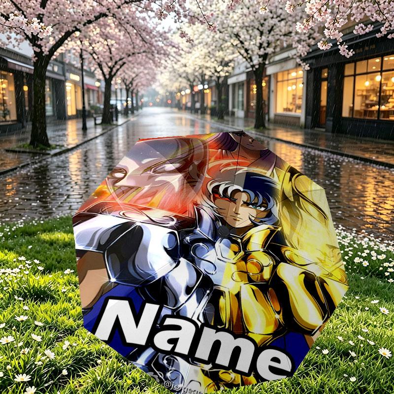 Custom Name Personalized Saint Seiya Print Umbrella, Auto Open Close, 8‑Rib Sturdy Frame, Commute Camping Hiking Use, Birthday Gift