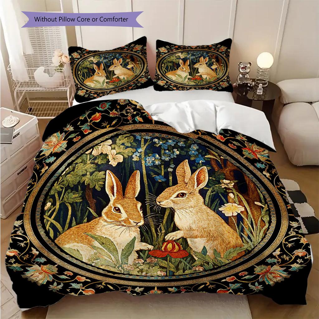 William Morris' Pastoral Flower Rabbit Bettwäsche, Bettbezug, Kissenbezug, Heimdekoration, Geburtstagsgeschenk (1 * Bettbezug+2 * Kissenbezug, ohne Füllung)