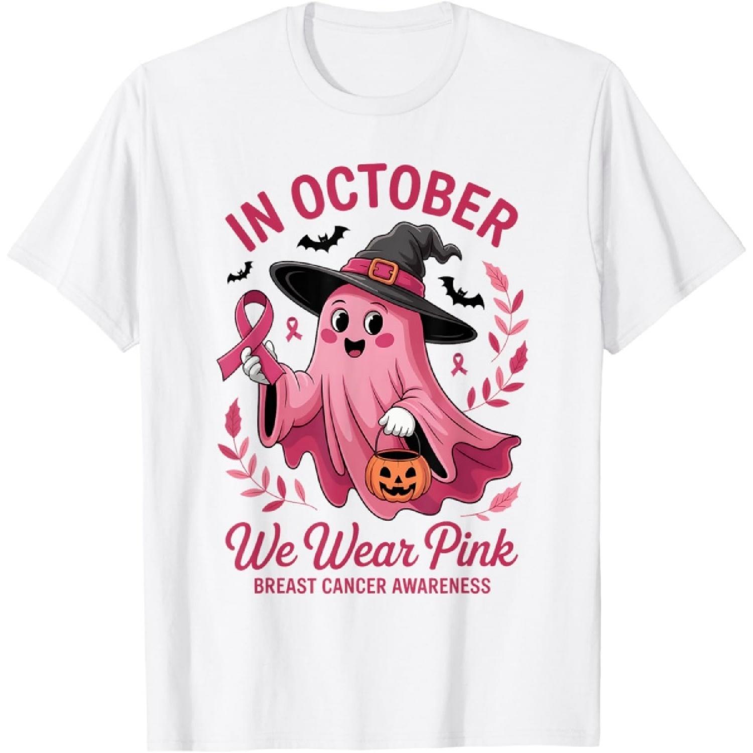 In October We Wear Pink Ribbon Ghost Halloween Breast Cancer T-Shirt XXXXXL белый