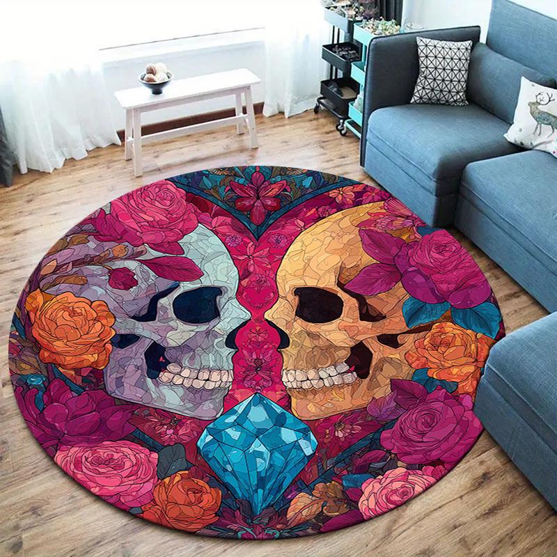Skull Flower Round Area Rug,Carpet Rug for Living Room Bedroom Sofa Playroom Decor,Non-slip Floor Mat 80cmx80cm