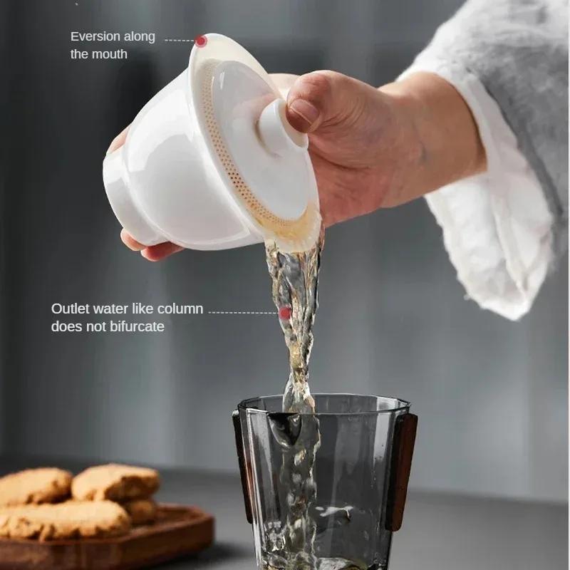 Sheep Fat JadeWhite Porcelain Gaiwan Filtered Tea Bowl Anti Scalding Design ChineseGongfu Tea Set Handmade Ceramic Tea Ware Gift