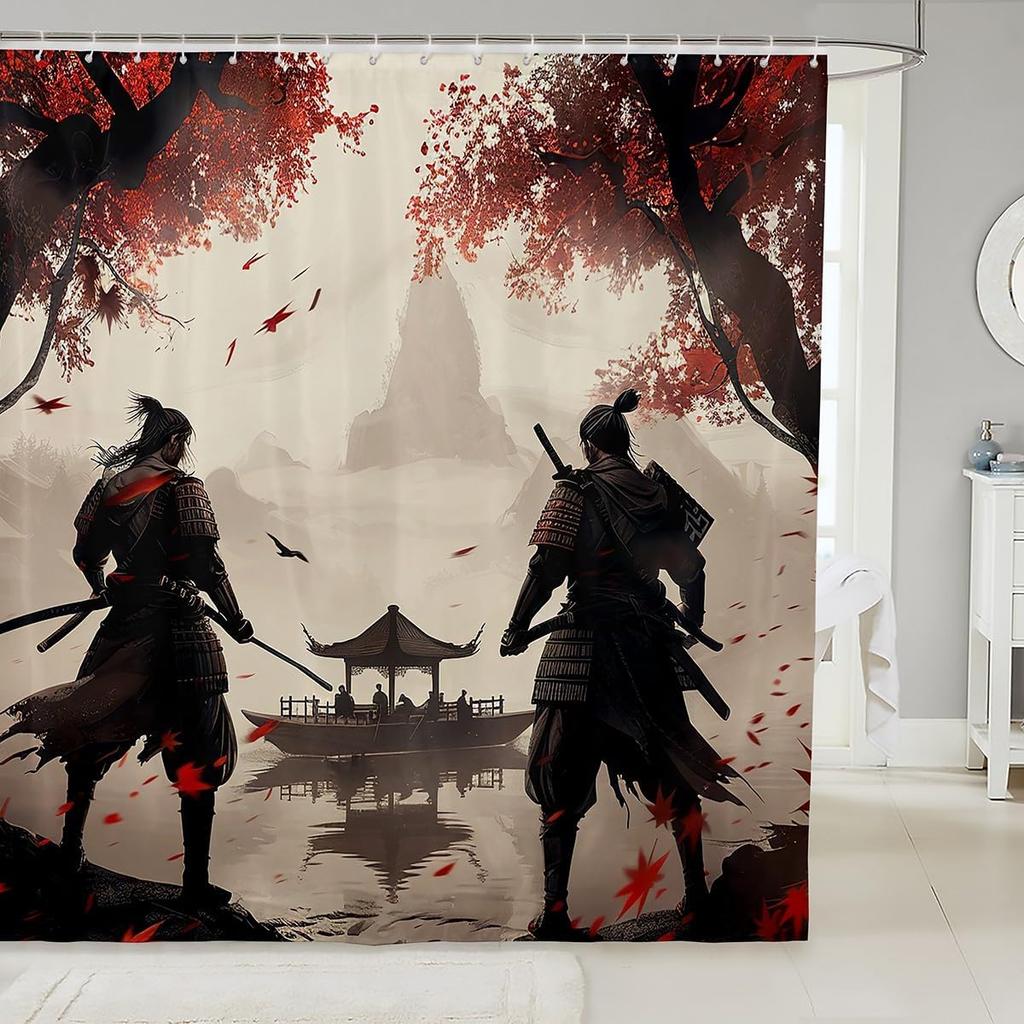 Japanese Samurai Bath Curtain Boys Girls  Landscape Shower Curtain for Kids Women Men Waterproof Sunset Bathroom Shower Curtain
