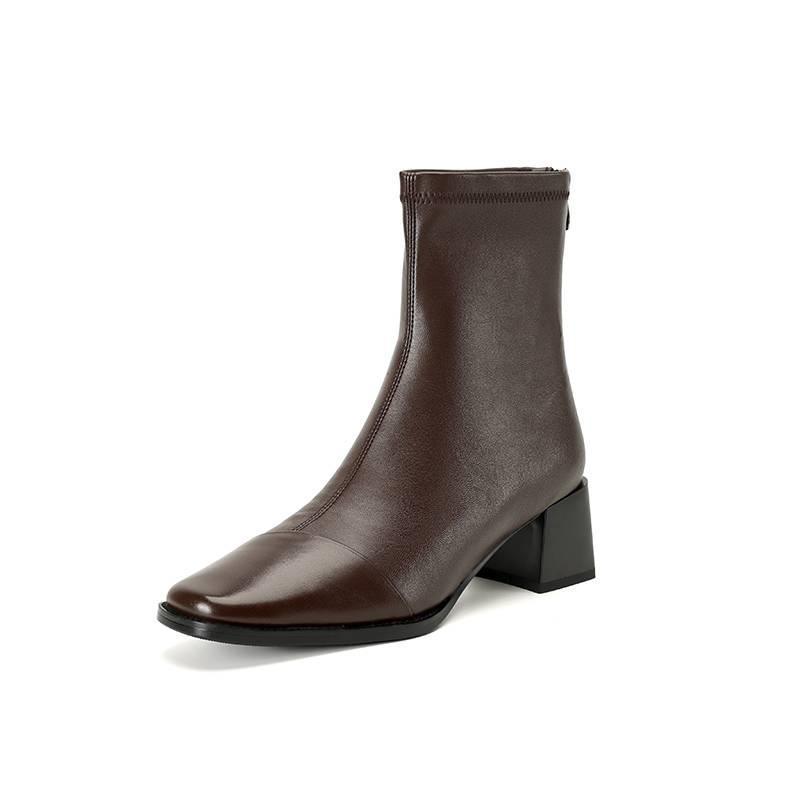 Versatile New Cowhide Knight Boots Women's Non-slip Large Size Medium Heel Autumn and Winter Leather Medium Boots Square Head Solid Color Women's Boot