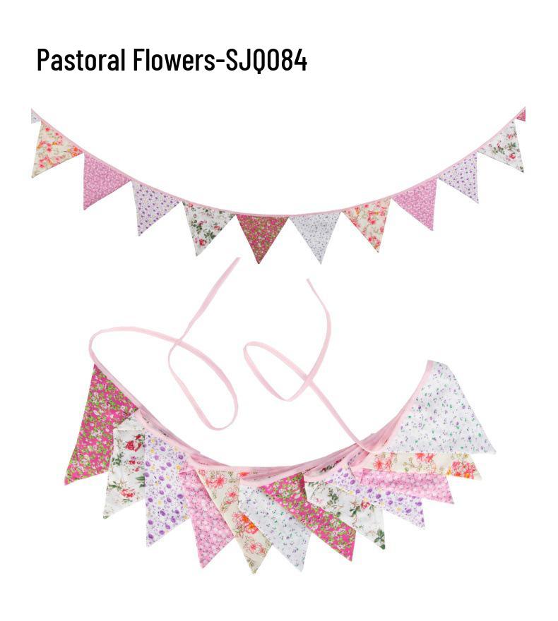 Pink Pastoral Floral Cotton Bunting: Children's Party or Wedding Decoration Hanging Flag