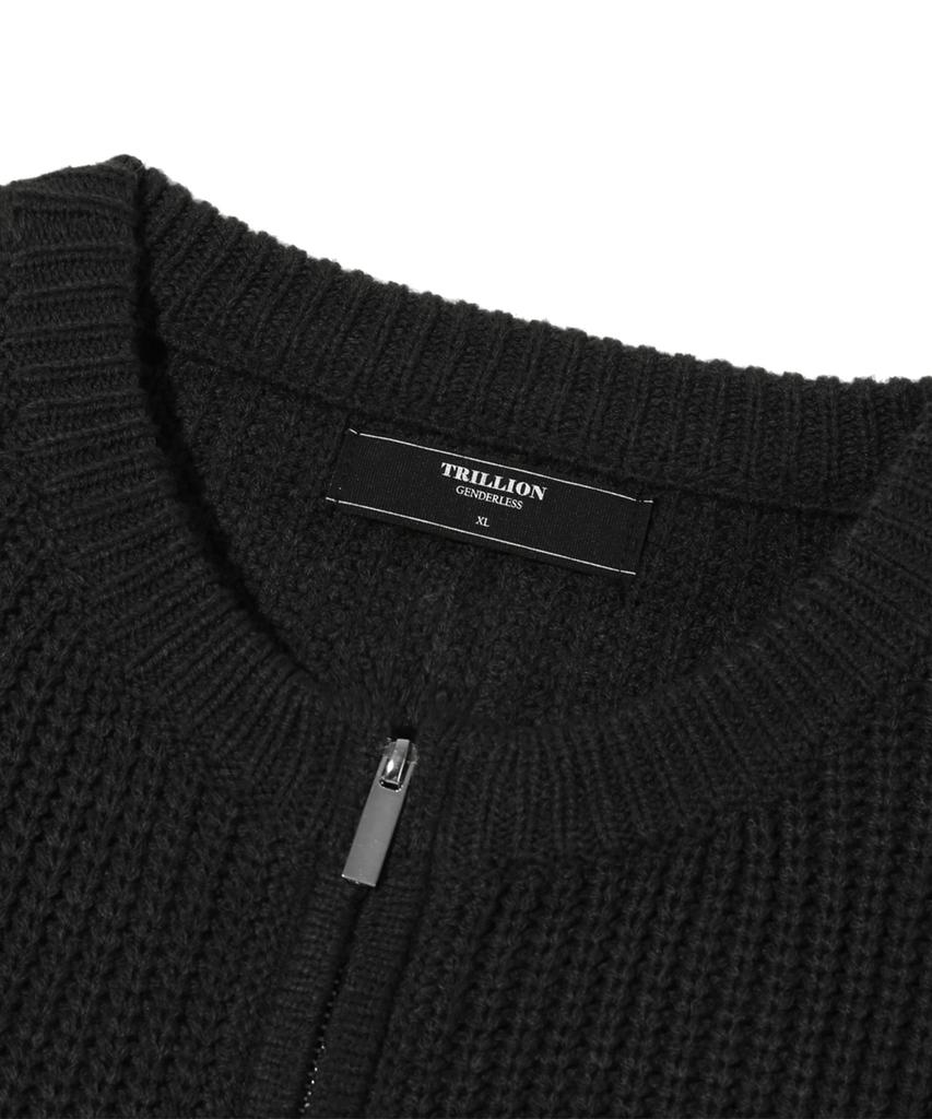 TRILLION Washable Round Neck Hacci Zip-Up Knit (Pure Black)