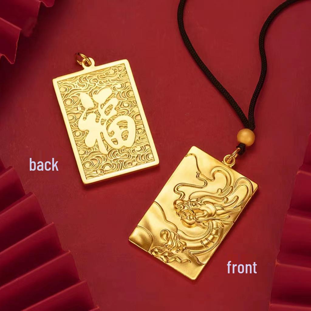 Flygande Drake Tag Hänge Herr Mässing Guldpläterad Halsband med Lyckosam Moln Design