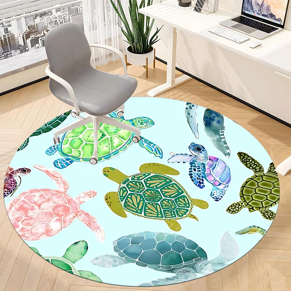 1pc Sea Turtle Print Chair Carpet for Office, Round Polyester Mat, Indoor Decor for Office, Washable Non-slip Carpet yy251219025