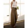Chic Coffee-colored High-waisted Wide-leg Linen Pants for Women - Drapey, Stylish, and Casual Long Pants