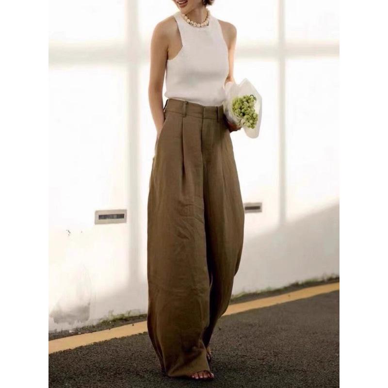 Chic Coffee-colored High-waisted Wide-leg Linen Pants for Women - Drapey, Stylish, and Casual Long Pants