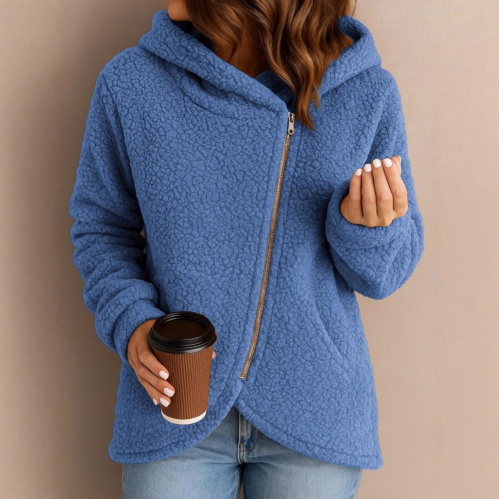 Women's Loose Fashion Lambswool Long Sleeve Zippered Hooded Sweatshirt Jacket