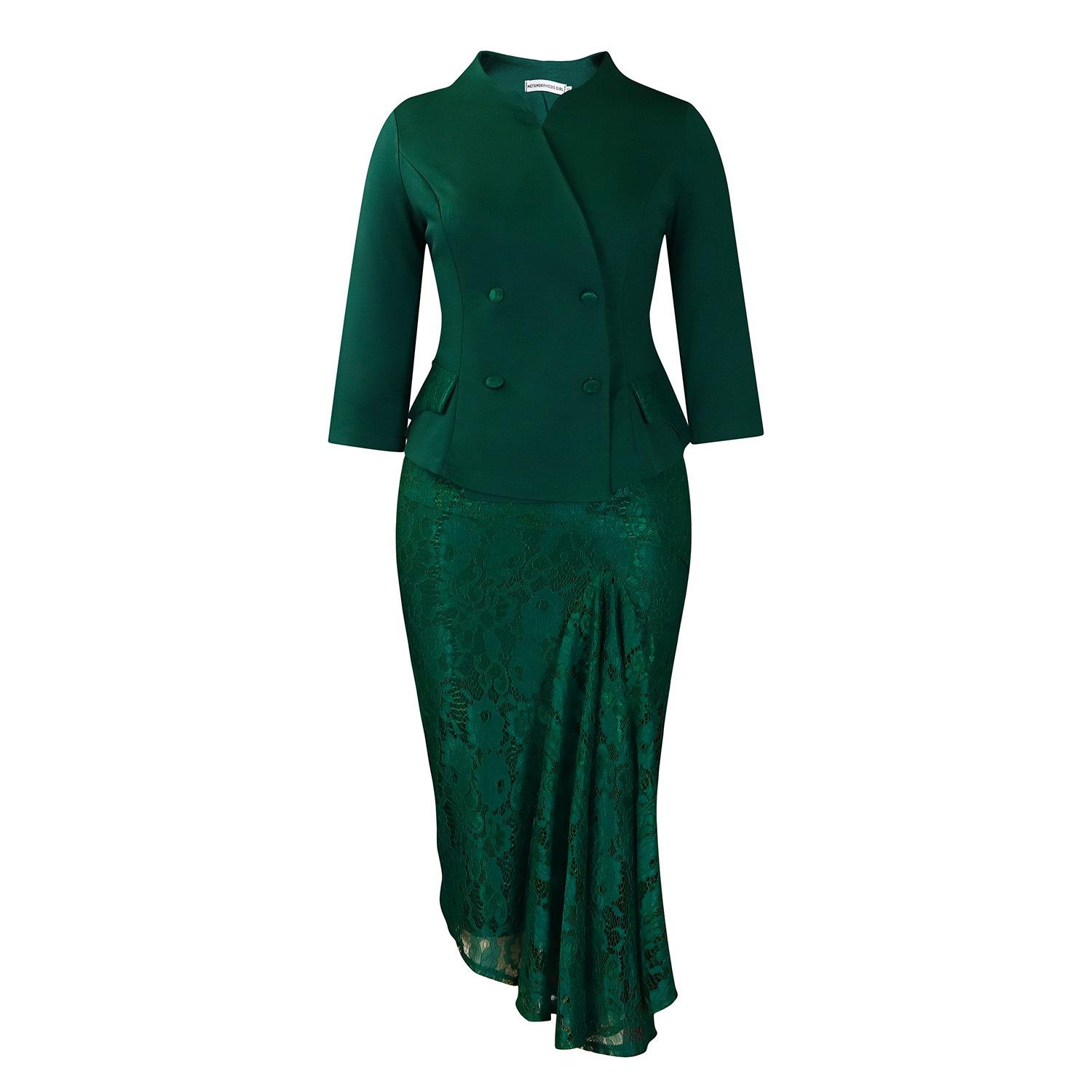 Women Elegant Office Commute Three Quarter Sleeve Top Lace Hip Skirt Two Piece Set S зелёный